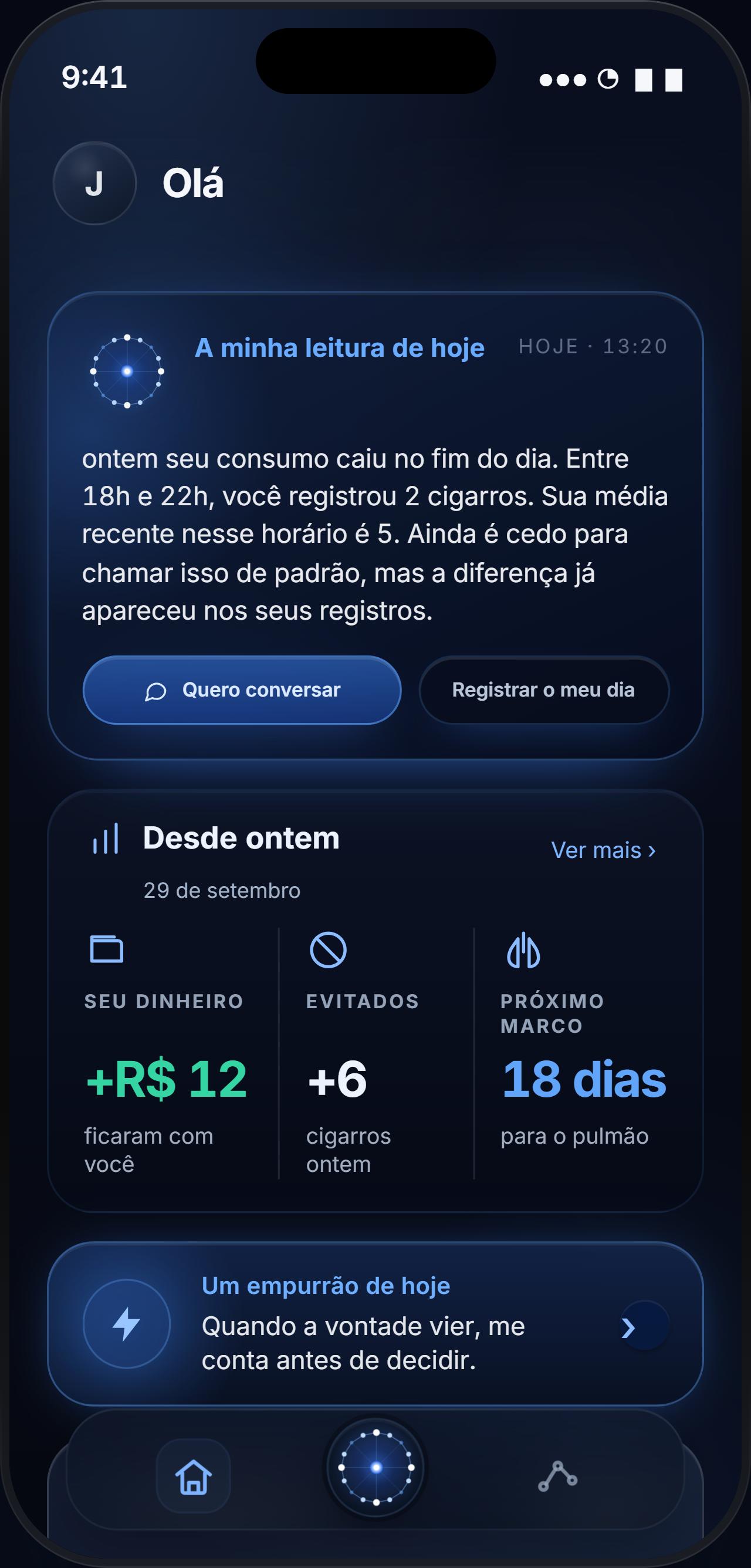Tela inicial do aplicativo Hilumi: a leitura do dia feita pela Lumi e o resumo Desde ontem.